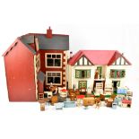 Two doll's houses, the largest height 54cm, the base 46.5  x 49.5cm, and a mixed group of