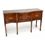A reproduction inlaid mahogany serpentine front sideboard, width 153cm.
