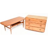 ERCOL; a light elm three drawer chest, width 91cm, depth 43cm, height 66cm, together with a mid-