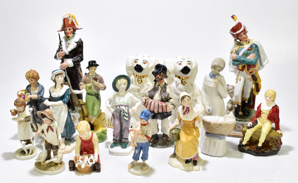 A group of assorted English and Continental figures including Crown China 'Ribbon Seller', two