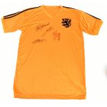 NETHERLANDS LEGENDS; a Netherlands retro-style home shirt signed by Cruyff, Van Basten, Gullit and