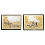 P WALSH; a pair of ink and watercolour, hunting scenes, each signed and dated 72, 38 x 84cm,