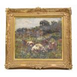 ENGLISH SCHOOL; oil on canvas, cattle resting, indistinctly inscribed with monogram lower right,