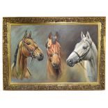 J. FRASER; oil on board, 'We Three Kings', a study of Arkel, Red Rum and Desert Orchid, signed lower
