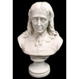 A carved marble bust of Milton, raised on a socle plinth base, height 33cm.