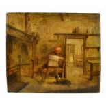 AFTER SIR DAVID WILKIE; oil on panel, figure seated in an interior with dog by his side, signed