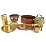 A small group of metalware comprising Art Nouveau copper planter and brass tray, both with relief