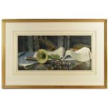 ATTRIBUTED TO C F THOMAS; watercolour, still life study of musical instruments, music sheets and