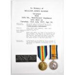 A WWI Victory and War Medal duo awarded to 6646 Sgt. W. J. McMinn Manchester Regiment, of Chorlton