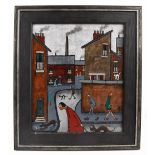 ALBERT BARLOW (born 1944); oil on board, 'Northern Life', stylised northern figural street scene,