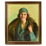 G.V FIELD; oil on canvas, portrait of a lady in a 1920s green bonnet and coat and fur stole,