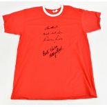 MANCHESTER UNITED LEGENDS; a Manchester United retro-style cotton home shirt signed to front by Sir