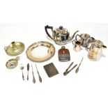 A small collection of assorted silver plate including a Mappin & Webb plate, hip flask by James