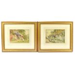 JOHN LYNAS GRAY; pair of watercolours, county cottage scenes with figures and animals, signed