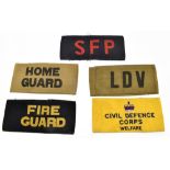Five original WWII cloth armbands for Civil Defence Welfare, Homeguard, Fireguard, Local Defence