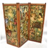 A late Victorian walnut two fold, three section scrap screen, with pierced brass gallery above six