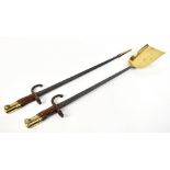 Two brass mounted bayonets fashioned into a pair of fire tools, poker and shovel, length of shovel