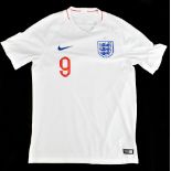 HARRY KANE; a Nike England home shirt signed with ‘Kane 9’ to reverse, size M.  Additional