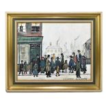 M. BENTON AFTER LOWRY; oil on canvas, street outside a fish and fruit shop, signed lower right, 39 x