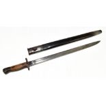 A 1907 pattern military issued Anderson bayonet with fullered blade in metal mounted leather