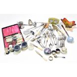 A small group of silver plated items including ladles, further flatware, etc, and mixed including