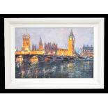 LANA OKIRO; oil on canvas, 'Evening, Westminster III', signed lower left , 59.5 x 89.5cm, framed.