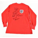 ENGLAND 1966 WORLD CUP WINNERS; a Toffs England retro-style home shirt signed by Peters, Hurst,