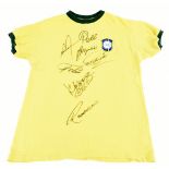 BRAZIL LEGENDS; a Toffs Brazil 1970 retro-style cotton home shirt signed by Pele, Piazza,