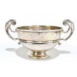 WALKER & HALL; a Cheshire Regiment interest George V hallmarked silver twin handled pedestal bowl