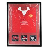 SIR BOBBY CHARLTON; a signed retro-style Manchester United home shirt, limited edition 163/250
