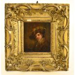 AFTER REMBRANDT; oil on canvas, portrait study, unsigned, 13.5 x 12cm, framed.