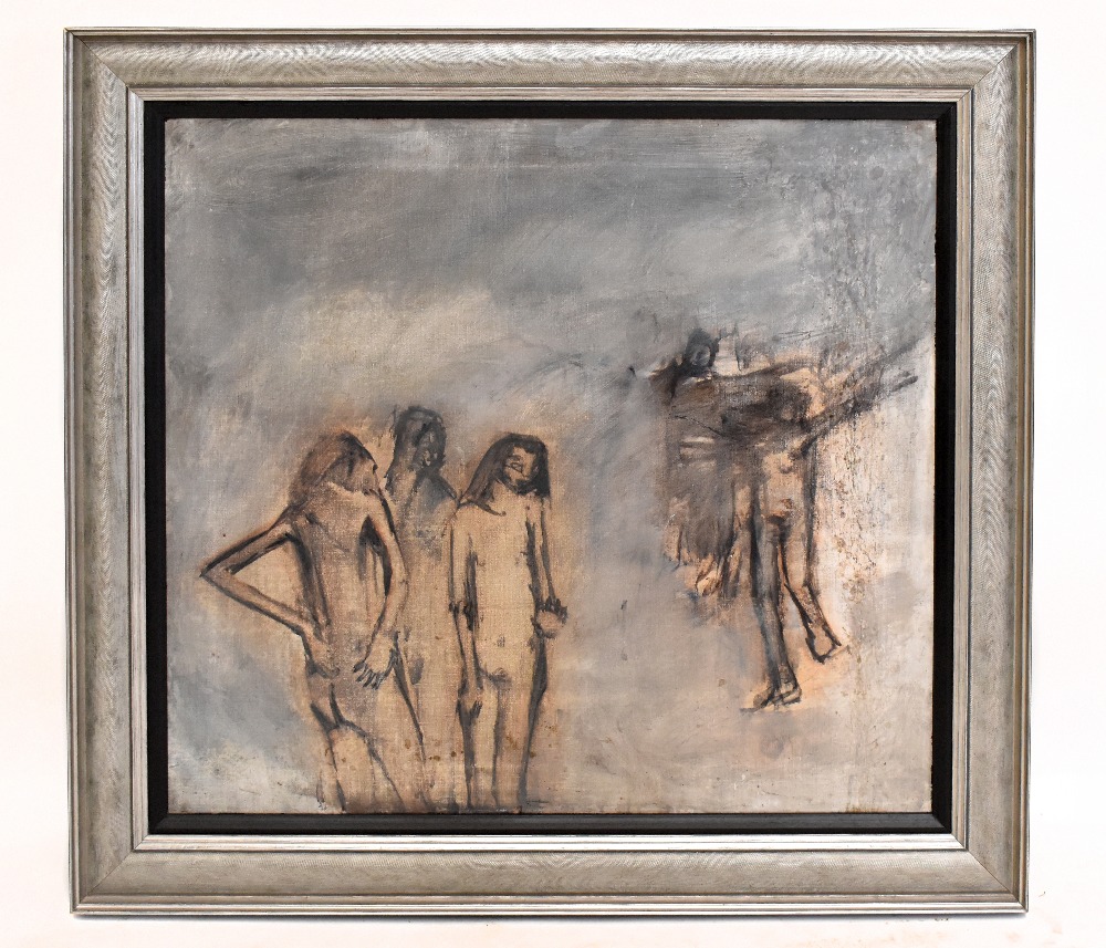 ANTHONY FRY (1927-2016); oil on canvas, figures in the rain, 70 x 75.5cm, framed. (D) Provenance:
