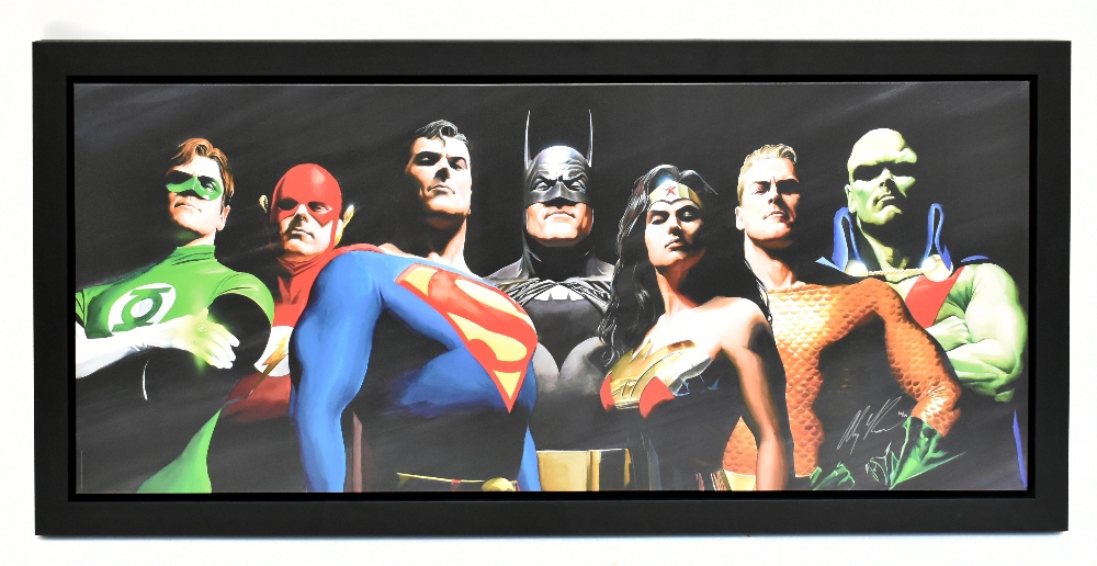 ALEX ROSS; signed limited edition print, 'Original Seven', DC Comic, 40/49, 66 x 153cm, framed.