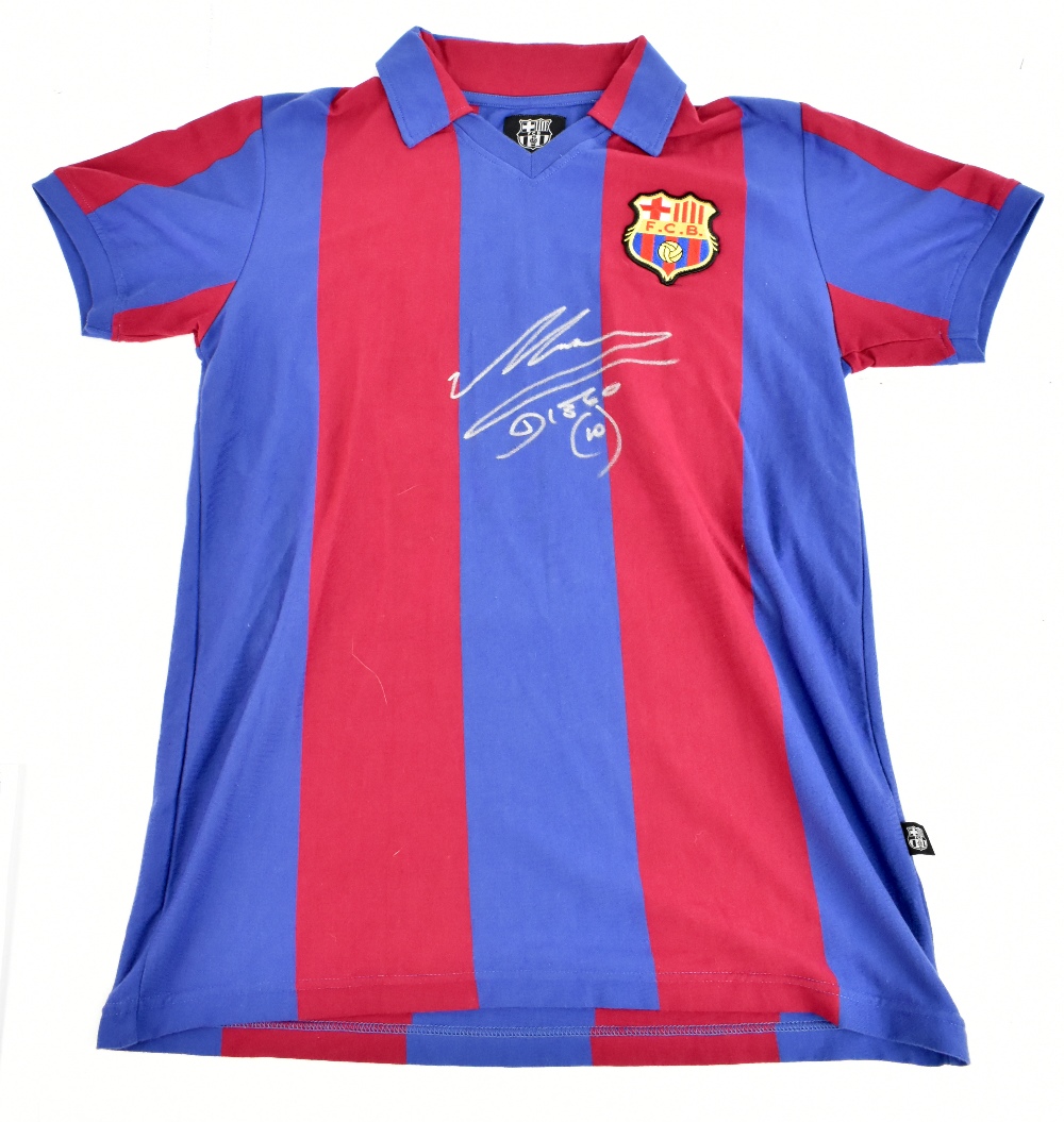 DIEGO MARADONA; an FC Barcelona retro-style cotton home shirt signed to front with ‘Maradona 10’ to