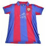 DIEGO MARADONA; an FC Barcelona retro-style cotton home shirt signed to front with ‘Maradona 10’ to