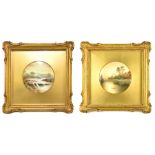 F MICKLEWRIGHT FOR PARAGON; two hand-painted ceramic plaques each decorated with landscape scenes,