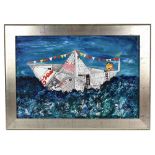 LUGO; oil on canvas, origami newspaper sailing boat on a choppy sea, signed and dated '99 lower