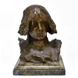 A 20th century cast bronze bust of a maiden with flowing hair, impressed '31-841 E. D.' to the