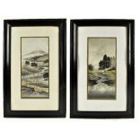 A pair of mid-20th century Japanese watercolours depicting figures in landscape settings and scene