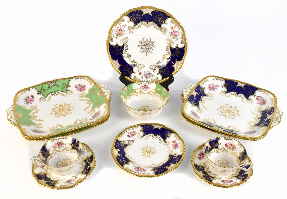 COALPORT; a eleven pieces of 'Batwing' pattern tea wares, comprising two green 'Batwing' cake plates