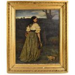 UNATTRIBUTED; oil on canvas, study of a girl with a terrier in landscape, unsigned, inscribed in pen