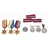 Four WWII medals comprising two War Medals, Atlantic Star and Italy Star, also two Coronation