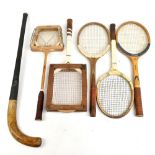 Four vintage tennis rackets including a Merlin, a Dunlop badminton racket and a hockey stick (6).
