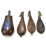 Four assorted powder flasks including a brown sporting gunpowder metal example, height 23cm, and