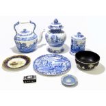 SPODE ITALIAN; four pieces of blue and white including a large kettle, height 32cm, a lidded jar,