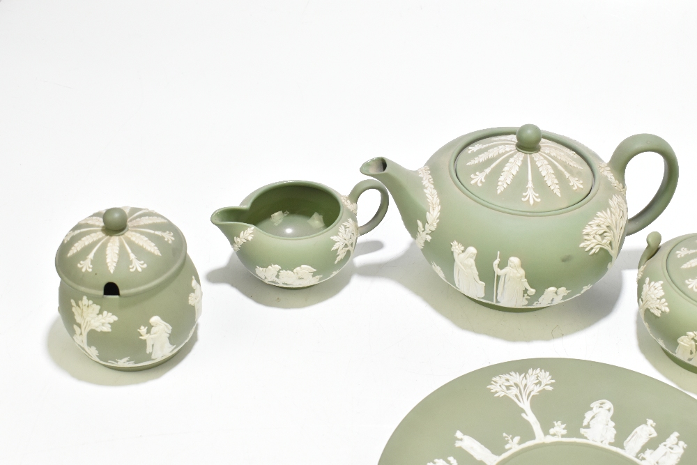 WEDGWOOD; a green jasperware three-piece tea set, together with a pair of tea cups and saucers, a - Image 2 of 5