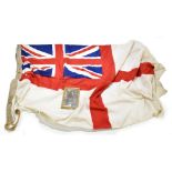 A WWII Royal Navy white ensign, approx 177 x 84cm, together with a sepia photograph depicting a