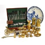 A community plate canteen of cutlery, with a selection of brassware including two Hockley Lamp &