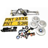 BMW INTEREST; two vintage 5 Series number plates, assorted car badges, heating system dial, etc.