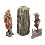 An African tribal drum, height 37cm, together with a 20th century Chinese root wood figure of a
